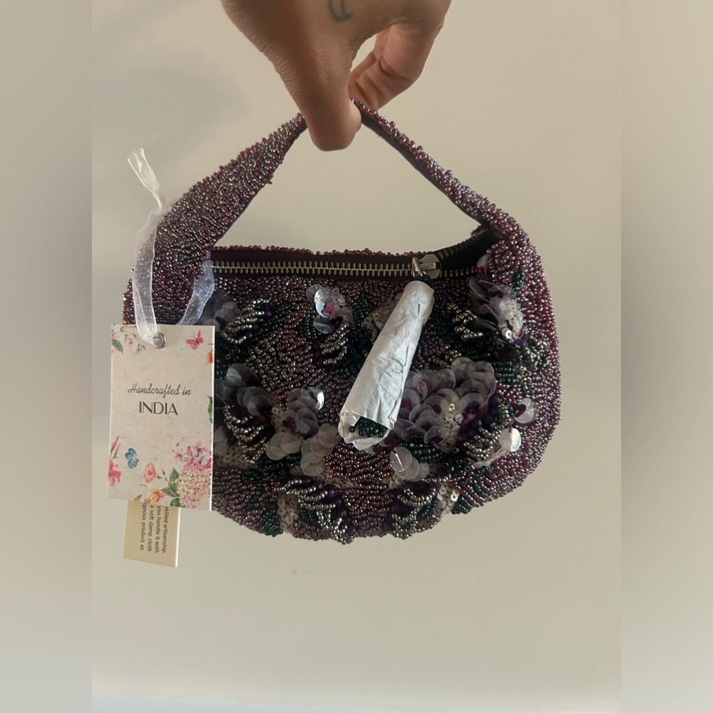 Viral Beaded Made in India Purple Floral Bucket Zipper Bag